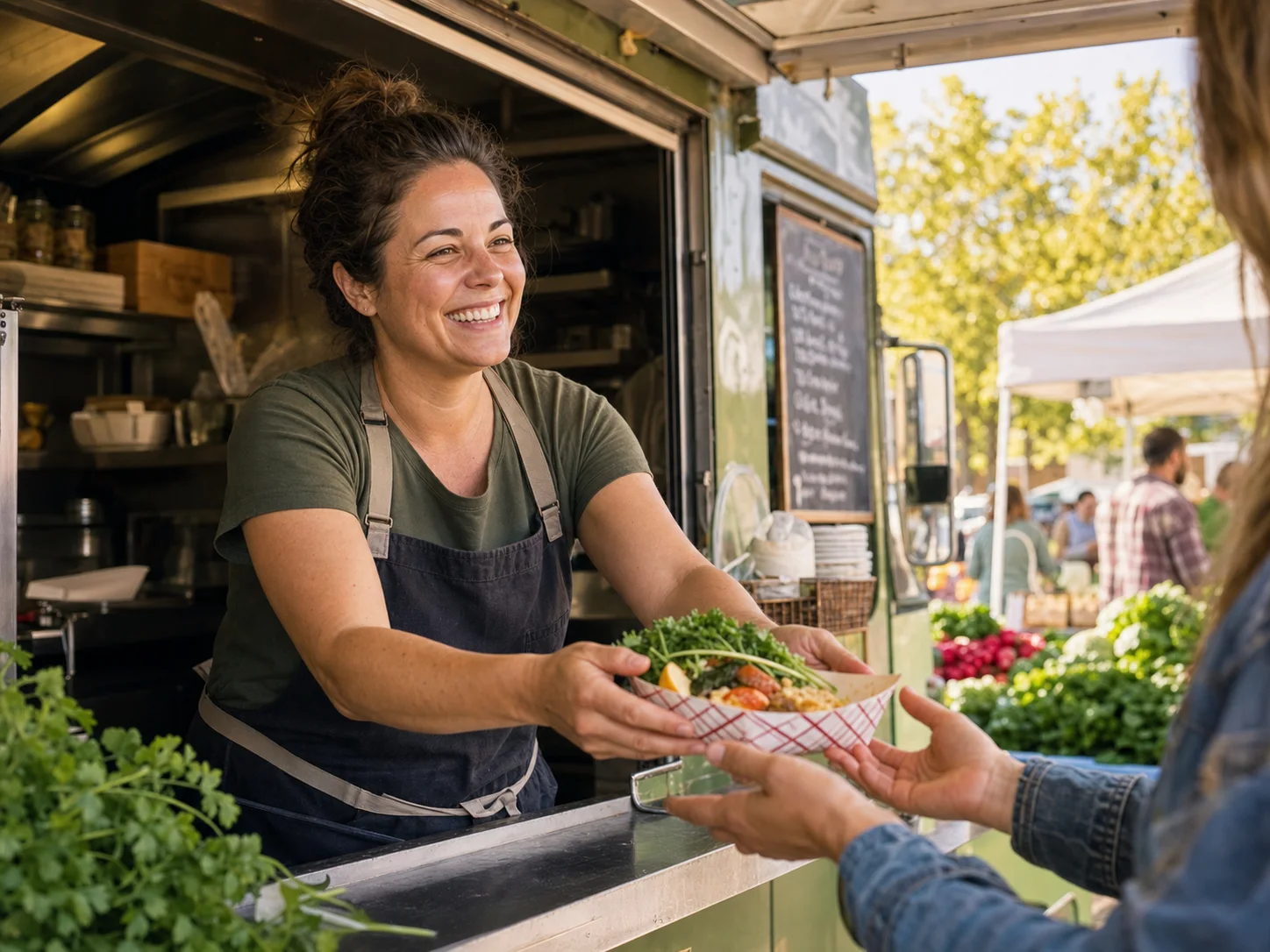 An independent market vendor welcoming a customer